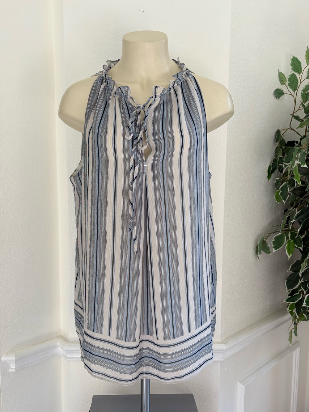 Max Studio Sleeveless Striped Tie-Neck Top - Blue & White
